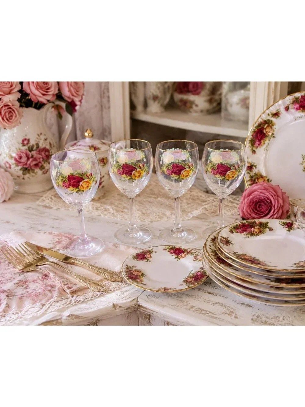 Royal Albert Old Country Roses Set of 4 Wine Glasses Water Goblets 7.5